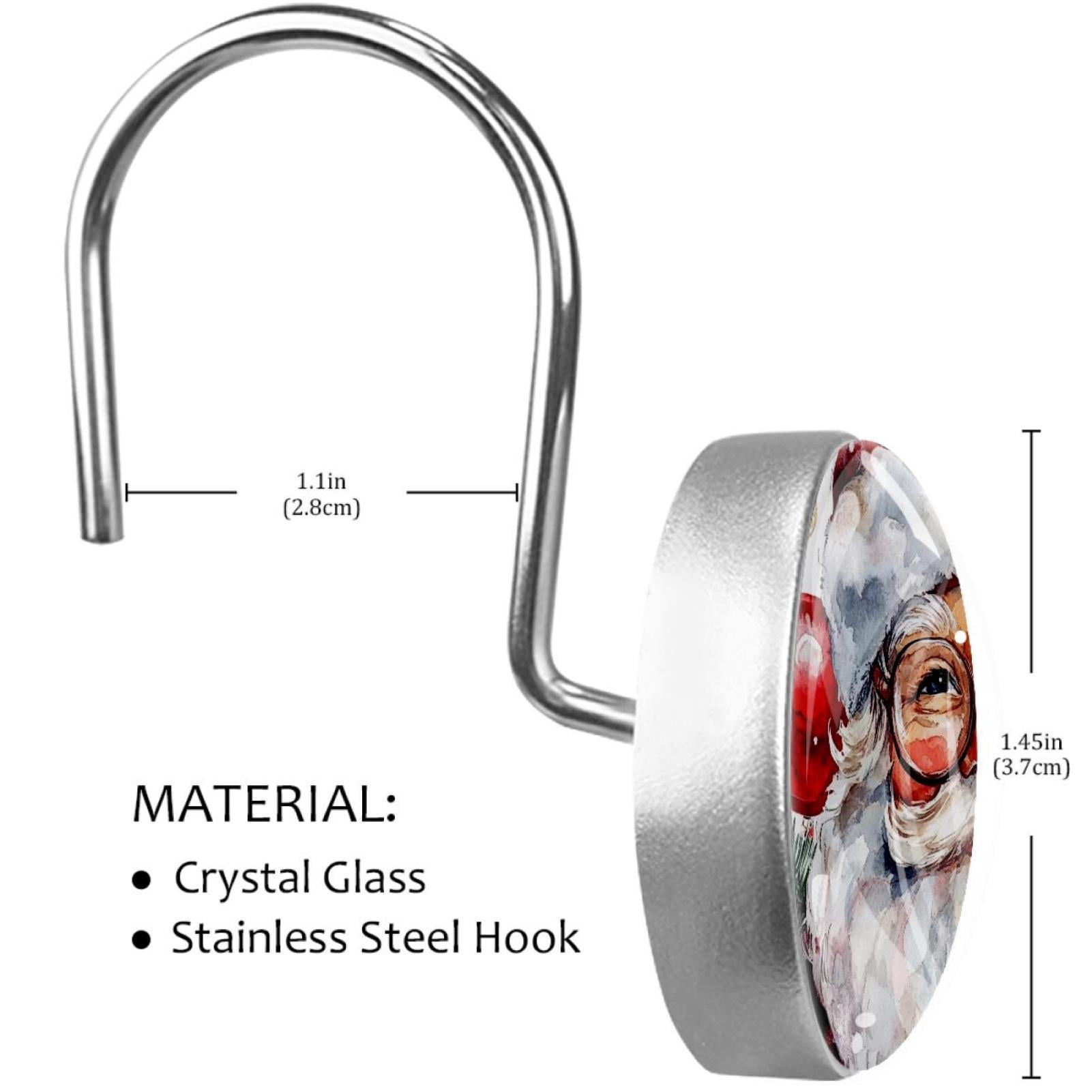 Vintage Christmas Santa Claus Shower Curtain Hooks Round Crystal Glass, Set of 12 Shower Curtain Rings - Shower Hooks for Curtain Shower Rings