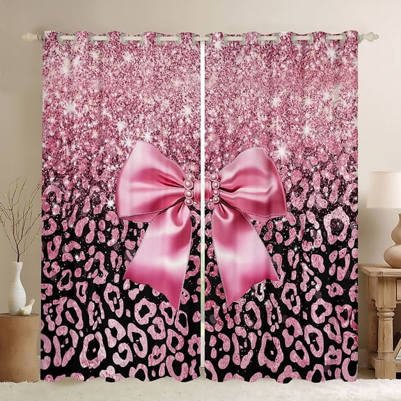 Erosebridal Kawaii Ribbon Bow Black Out Curtains For Girls,Leopard Print Glitter Print Curtains Pack of 2 (42x63 Each) For Teens