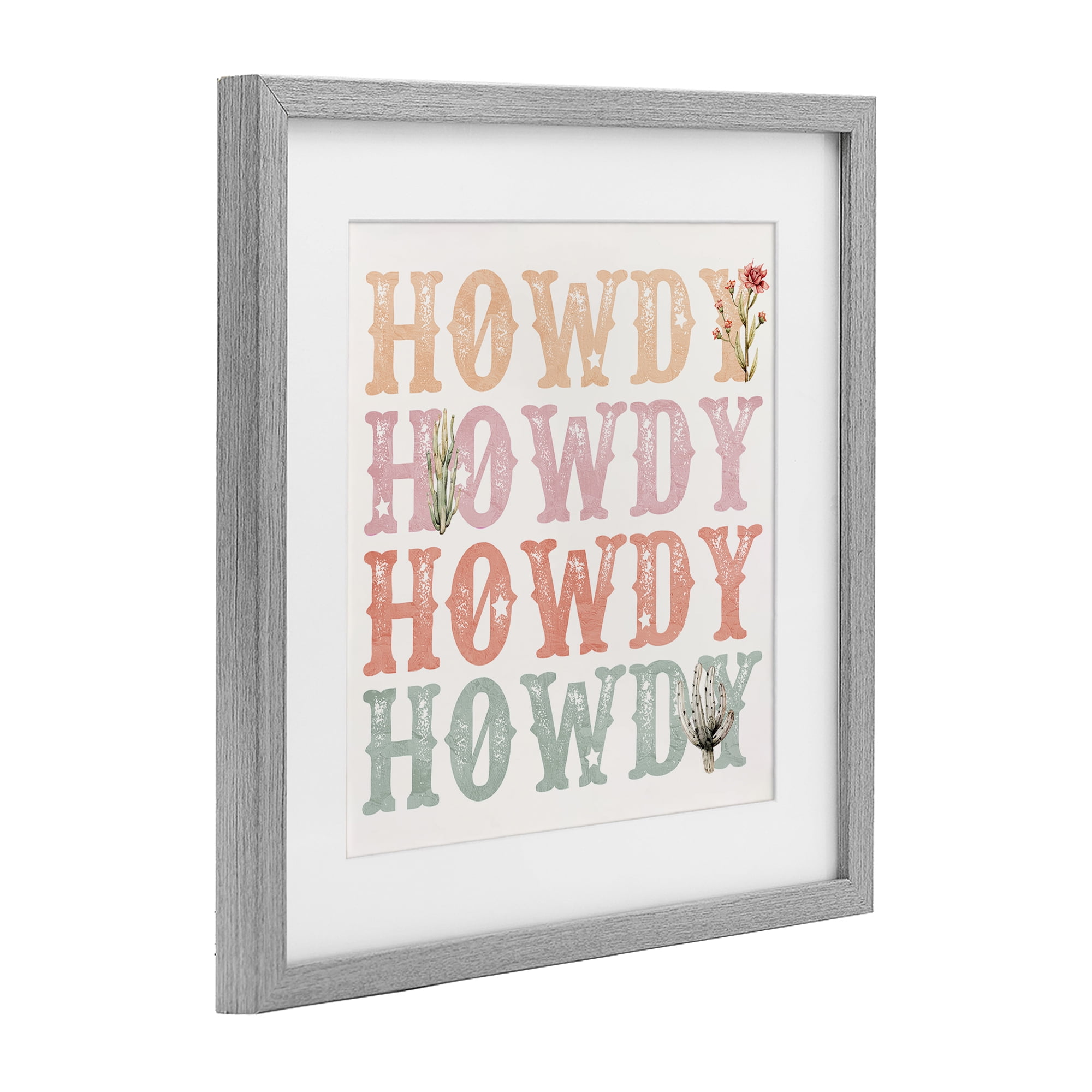 Vintage Howdy Rainbow Text Gray Framed Print Under Glass, design by Kim Allen