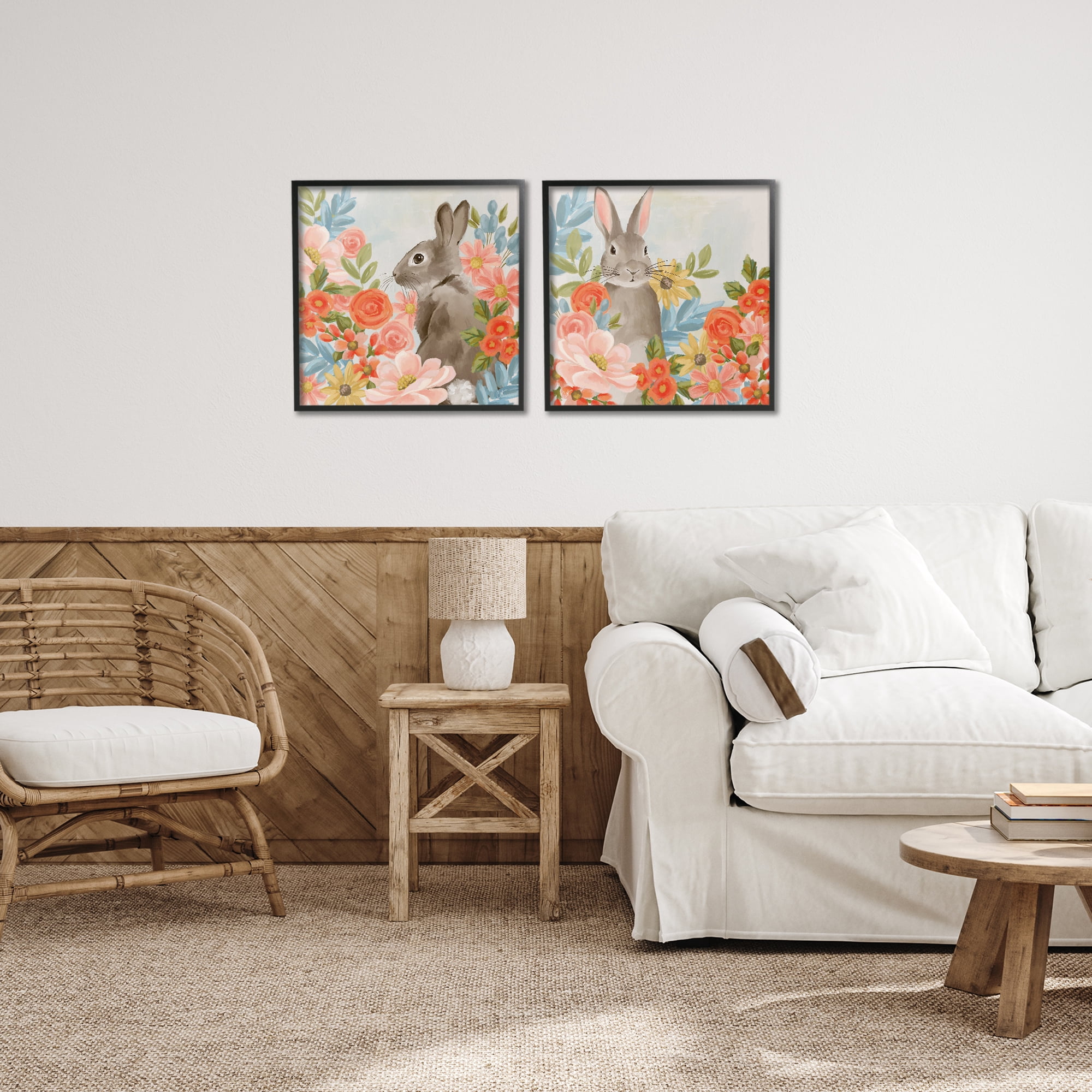 Stupell Industries Bright Bunny Blooms 2 Piece Black Framed Giclee Art Set, design by Cat Thurman Designs