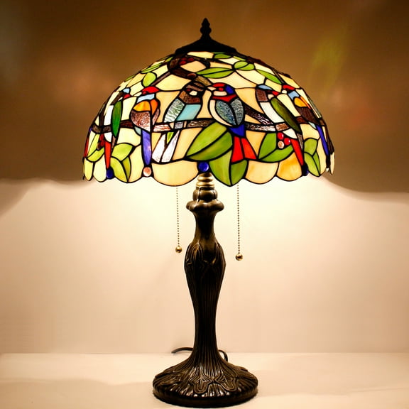 Tiffany Table Lamp Bedside Stained Glass Birds Shade Metal Base 24" Tall Large Vintage Desk Light Friend Lover Memory Lamps Sympathy Bedroom Living Room Coffee Bar Antique LED Bulb Better…
