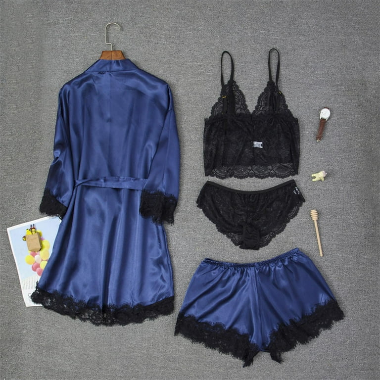 4 Pieces Lingerie Sets for Women UK,Ladies Lingerie Sets Sale Clearance  Lace Satin Slik Kimono+Camisole Top+Shorts+Briefs Sleepwear Sexy Nightie