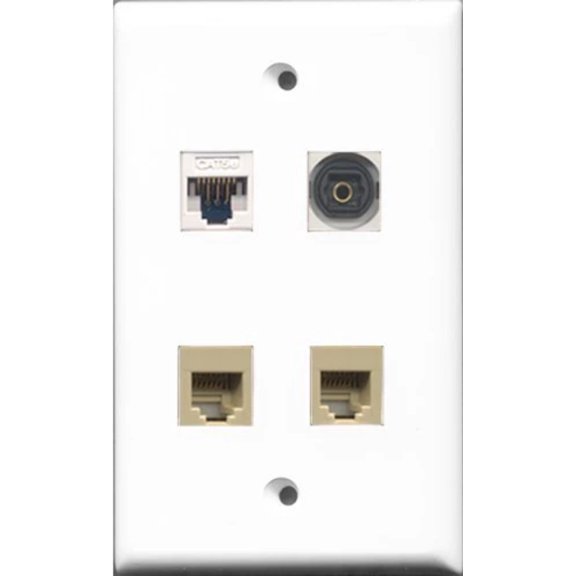 RiteAV - 2 Port Phone RJ11 RJ12 Beige and 1 Port Toslink and 1 Port Cat5e Ethernet White Wall Plate