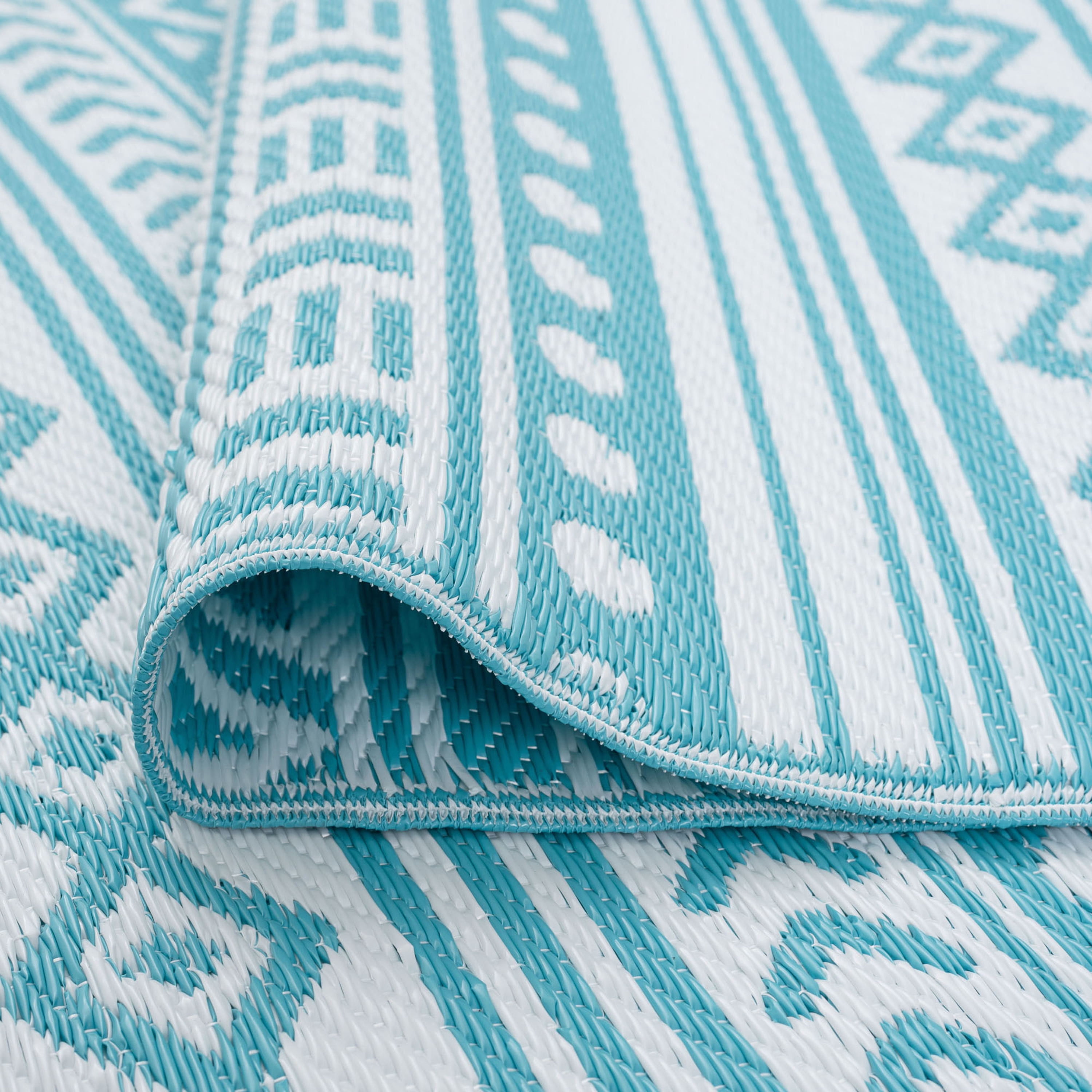 9x12 Reversible Aqua and White Polypropylene Outdoor Stripe Area Rug