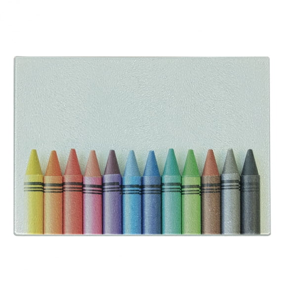 Crayon Cutting Board, Close up Photo of Various Color Painting Crafts in Straight Border Children Themed, Decorative Tempered Glass Cutting and Serving Board, in 3 Sizes, by Ambesonne