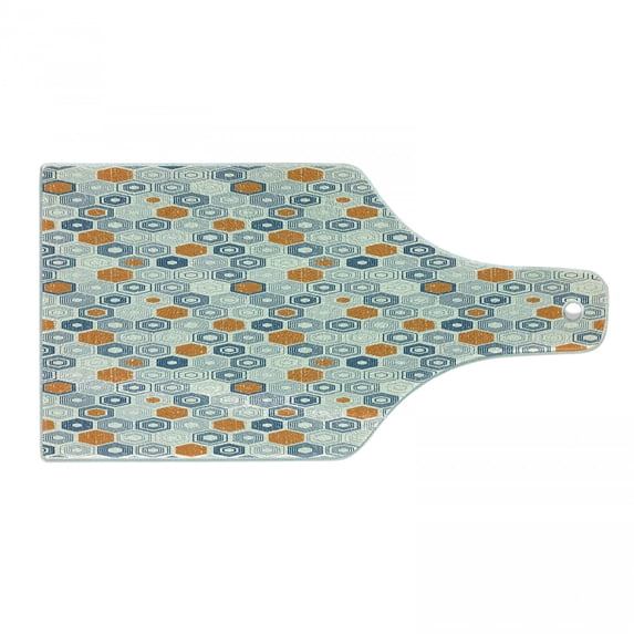 Grunge Cutting Board, Bullseye Hexagon Pattern with Worn out Backdrop Design with Pale Tones, Tempered Glass Cutting and Serving Board, Wine Bottle Shape, Navy Blue Orange Beige, by Ambesonne