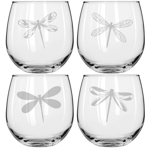 Set of 4 Wine Glass for Red or White Wine Gift Dragonfly Collection (16 oz Stemless)