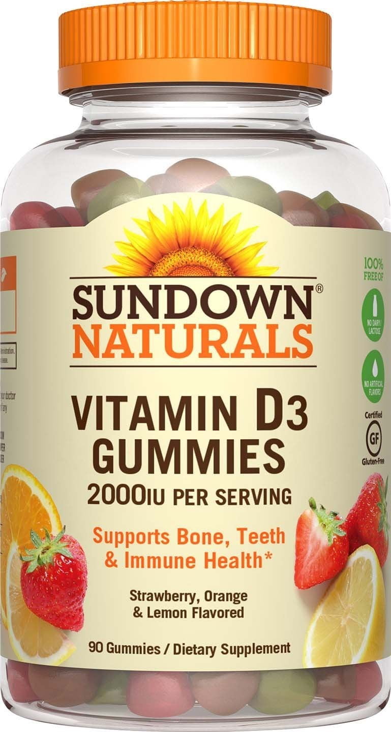 Sundown Naturals Vitamin D3 2000 IU Gummies, Strawberry, Orange, & Lemon Flavored 90 ea (Pack of 3)