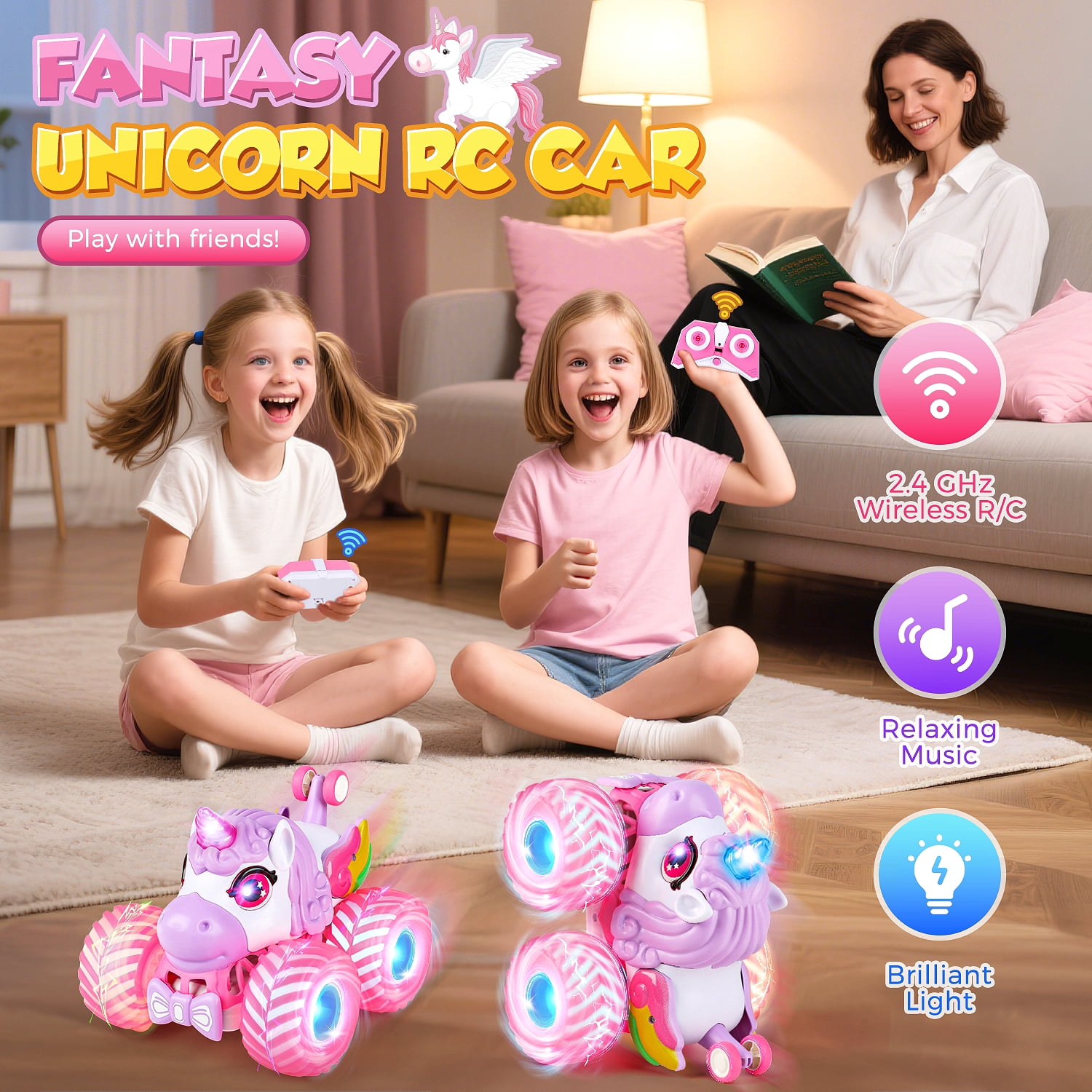 Carsky Unicorn Remote Control Car for Girls 3-8, Rechargeable RC Toy w/ Lights&Music, Indoor Outdoor Gift for Kids 3+