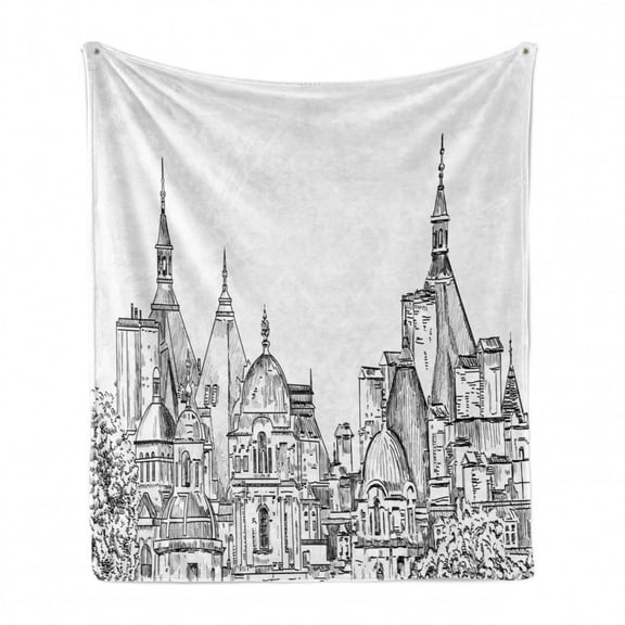 Modern Soft Flannel Fleece Throw Blanket, European City Landscape Sketchy Painting with Landsmarks Image Print, Cozy Plush for Indoor and Outdoor Use, 50" x 70", Black and White, by Ambesonne