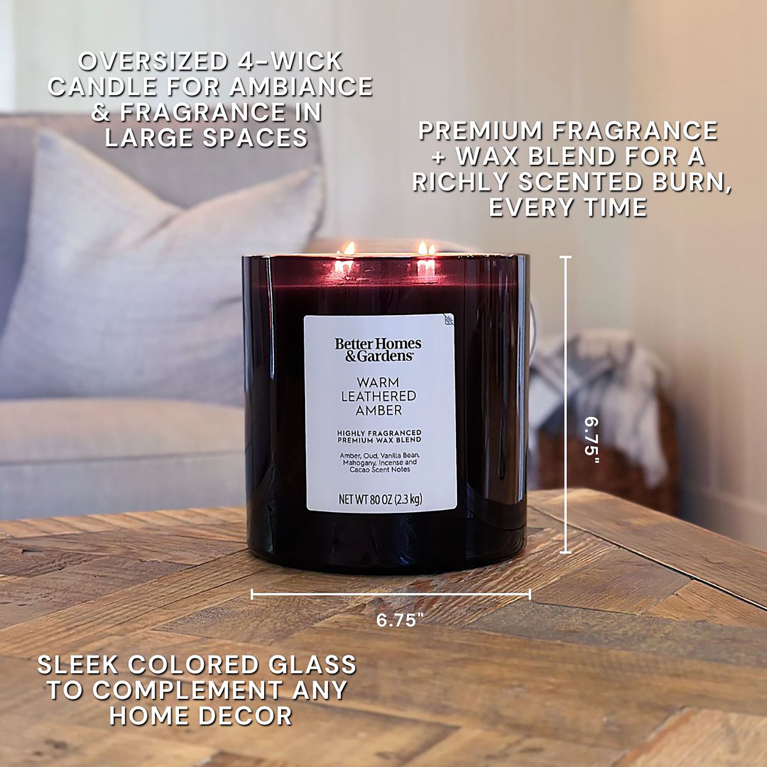 Better Homes & Gardens Warm Leathered Amber Scented 4-Wick 80oz (2.26 kg) Large Oversized Jar Candle