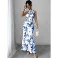 thumbnail image 3 of Blue Floral Print Halter Neck Maxi Dress, Waist-Cinched Bodycon Style, Elegant Evening & Daywear, 3 of 6