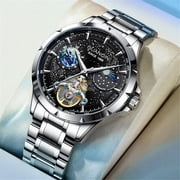 GUANQIN Men Skeleton Automatic Self-Winding Mechanical Luminous Moon Phase Stainless Steel Leather Wrist Watch Sapphire Waterproof Starry Sky Multifunctional Dial Clock
