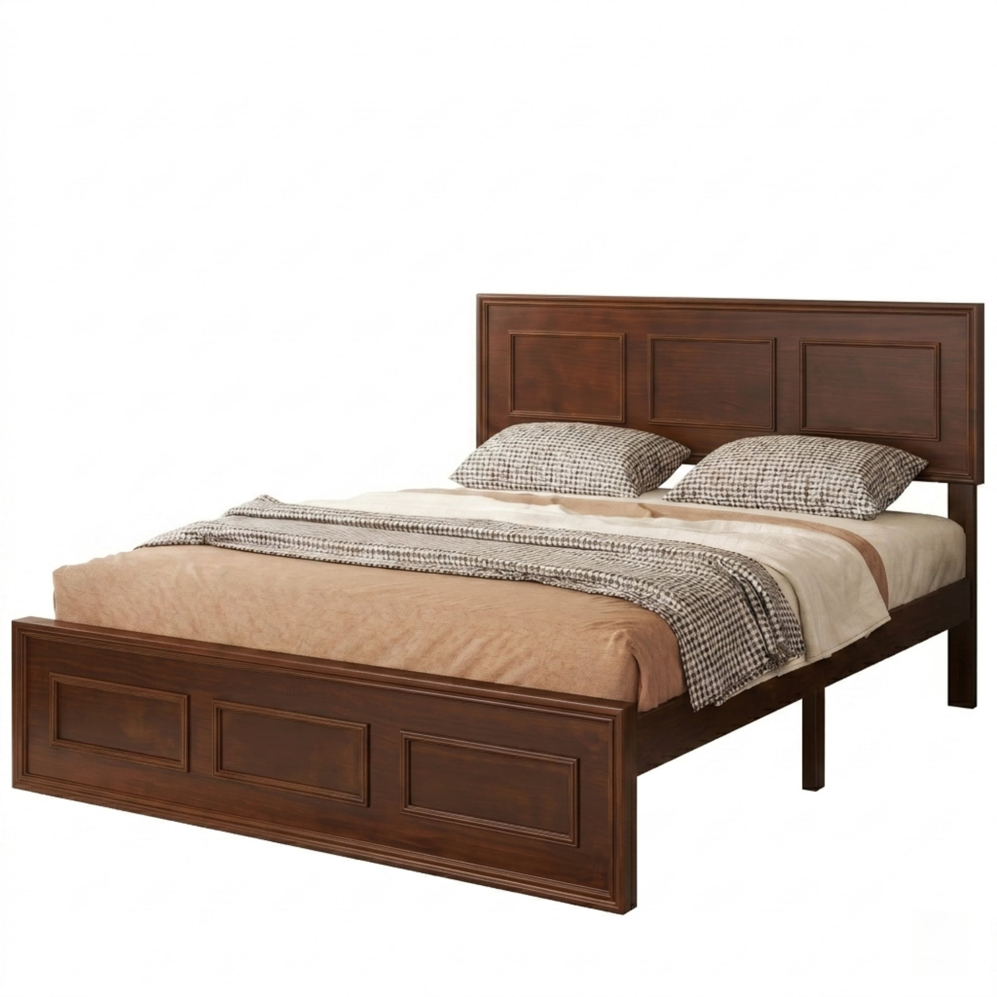 Full Bed Frame with Adjustable Height Headboard and Geometric Panel Design, Wood Platform Bed and Mattress Foundation with Strengthened Frame, Walnut