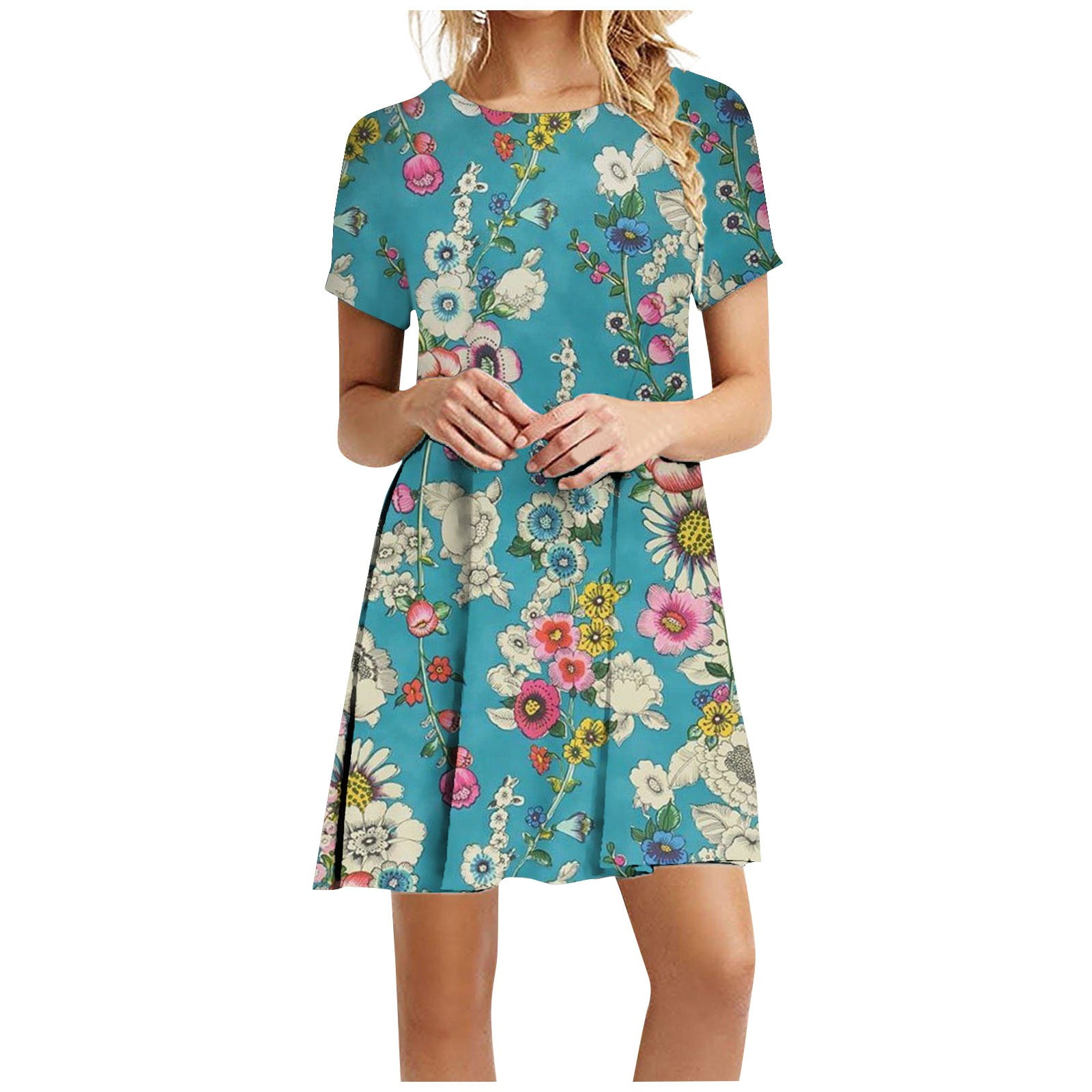 Women's Fashionable Casual Versatile Printed Retro Round Neck Short Sleeve  Summer Dress - Walmart.com