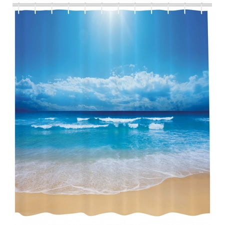 Beach Shower Curtain, Seascape Theme Landscape of the Beach and the Cloudy Sky in Summer Digital Print, Fabric Bathroom Set with Hooks, Sand Brown Blue, by Ambesonne
