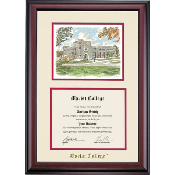 OCM Diploma Frame for Marist College, Ivory/Maroon Mat with Hancock Building Watercolor,