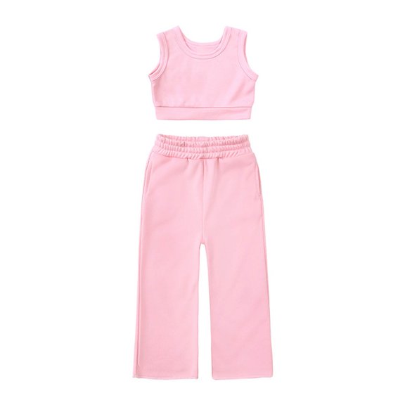 ZHOGXU Girls Solid Color Outfit Sleeveless Vest Top And Long Wide Leg Pant 2PCS Set For Kids,Pink,5-6 Years