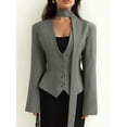 thumbnail image 4 of Chaqueta de Traje de Larga para Mujer, Color Liso, Cuello en V, Corte Entallado y Hombreras Gris M, 4 of 10
