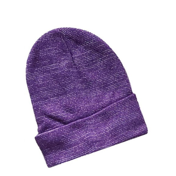 Lurex Fleece Lined Beanie Purple Knit Winter Hat Wear Cuffed or Slouch Style
