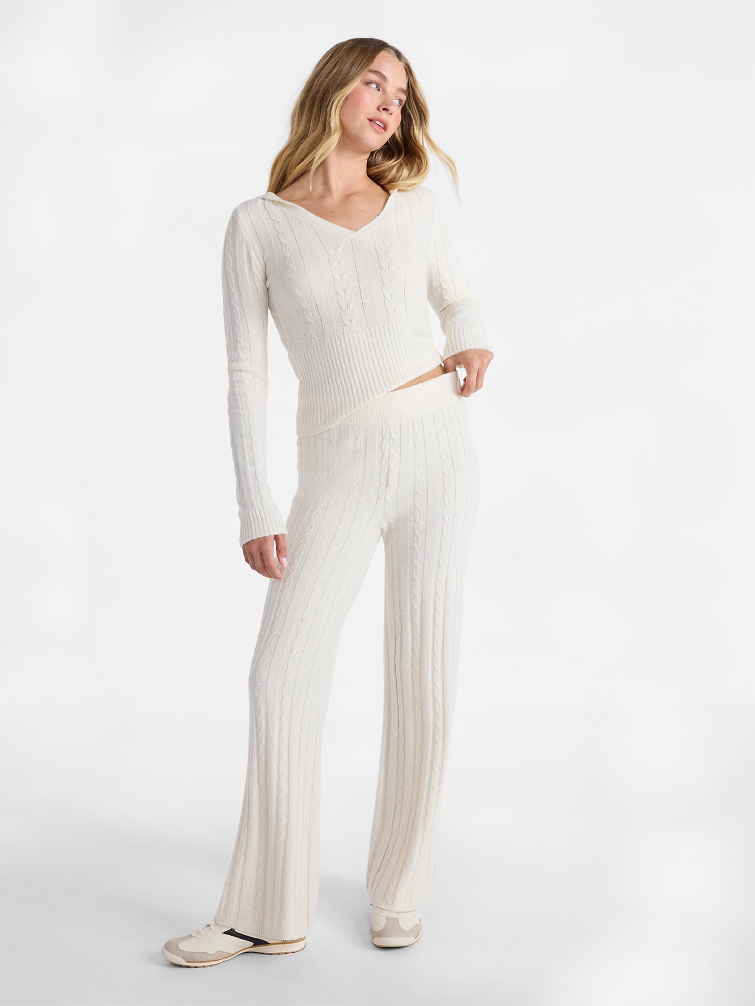 No Boundaries Cable Knit Sweater Wide Leg Pants, 30'' Inseam, Women's