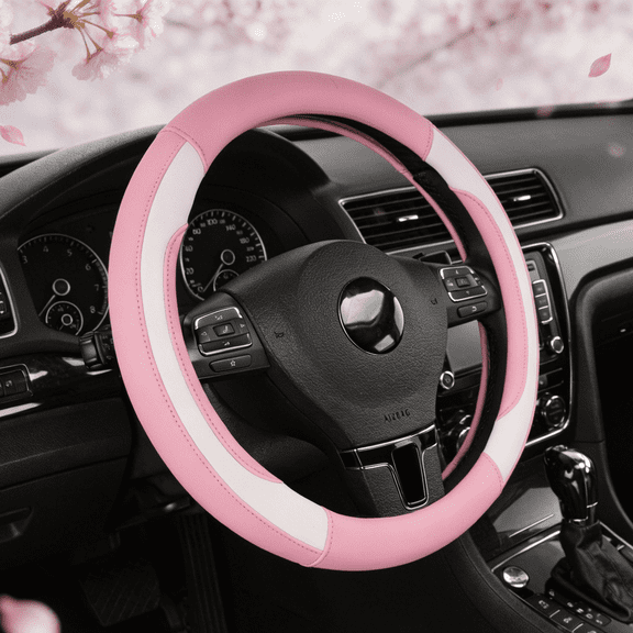 Road Comforts Steering Wheel Cover, Two-Tone Leather Steering Wheel Cover with Comfortable Grip, Stylish Car Interior Accessory, Universal Fit for Cars, SUVs & Trucks 14 1/2"–15",Pink & White