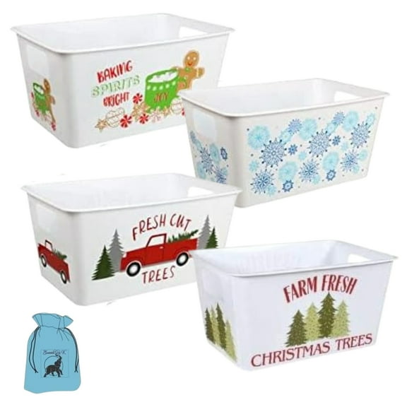Christmas Rectangle Buckets with Handles for Home Kitchen Classroom Cabinet Storage Organizer Vegetables Candies Holiday Basket Party Favor Decoration Gift Supplies Set of 4 (Design may Vary)
