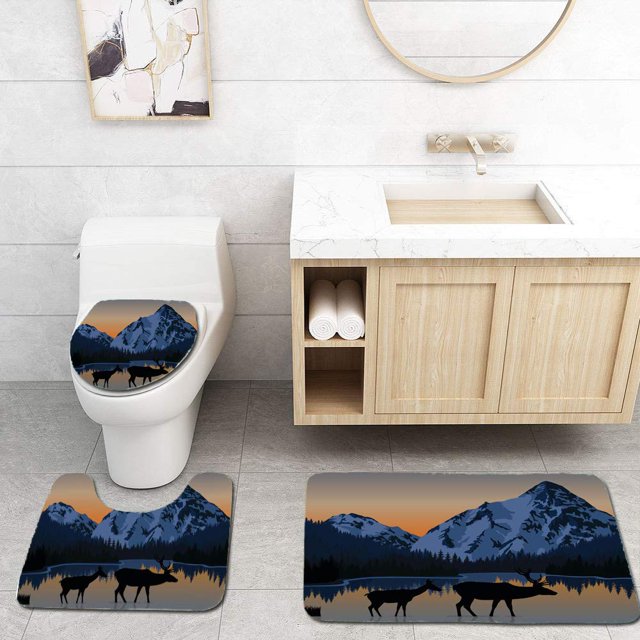 ABPHQTO Mañana azul en montañas lago pareja ciervos Juego de alfombras de baño de 3 piezas Alfombra de baño Alfombra de contorno y tapa de inodoro ABPHQTO Cont-CHAPPLE-13492