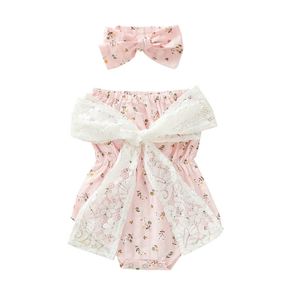 PMVFHDE Barboteuse pour Fille 2025 Été Sans Manches à Fleurs avec Nœud en Dentelle et Bandeau, Rose, 18-24 Mois