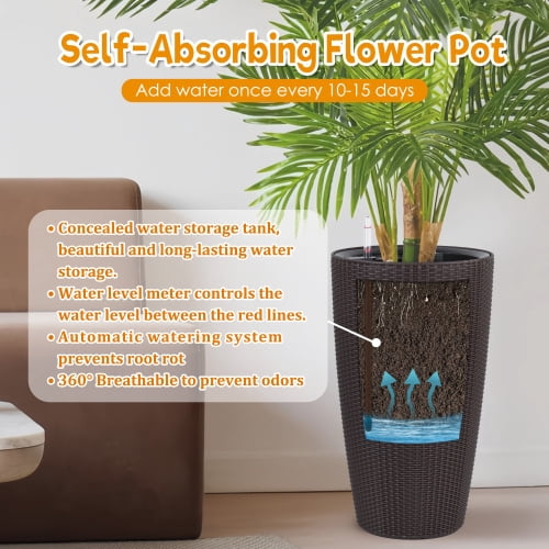 Chak’s Choice 22.7" Tall Planter Set of 2, Large Self Watering Pots for Indoor/Outdoor Plants with Drain Holes, Water Level Monitor, Inner Bucket for Front Porch Patio, Brown