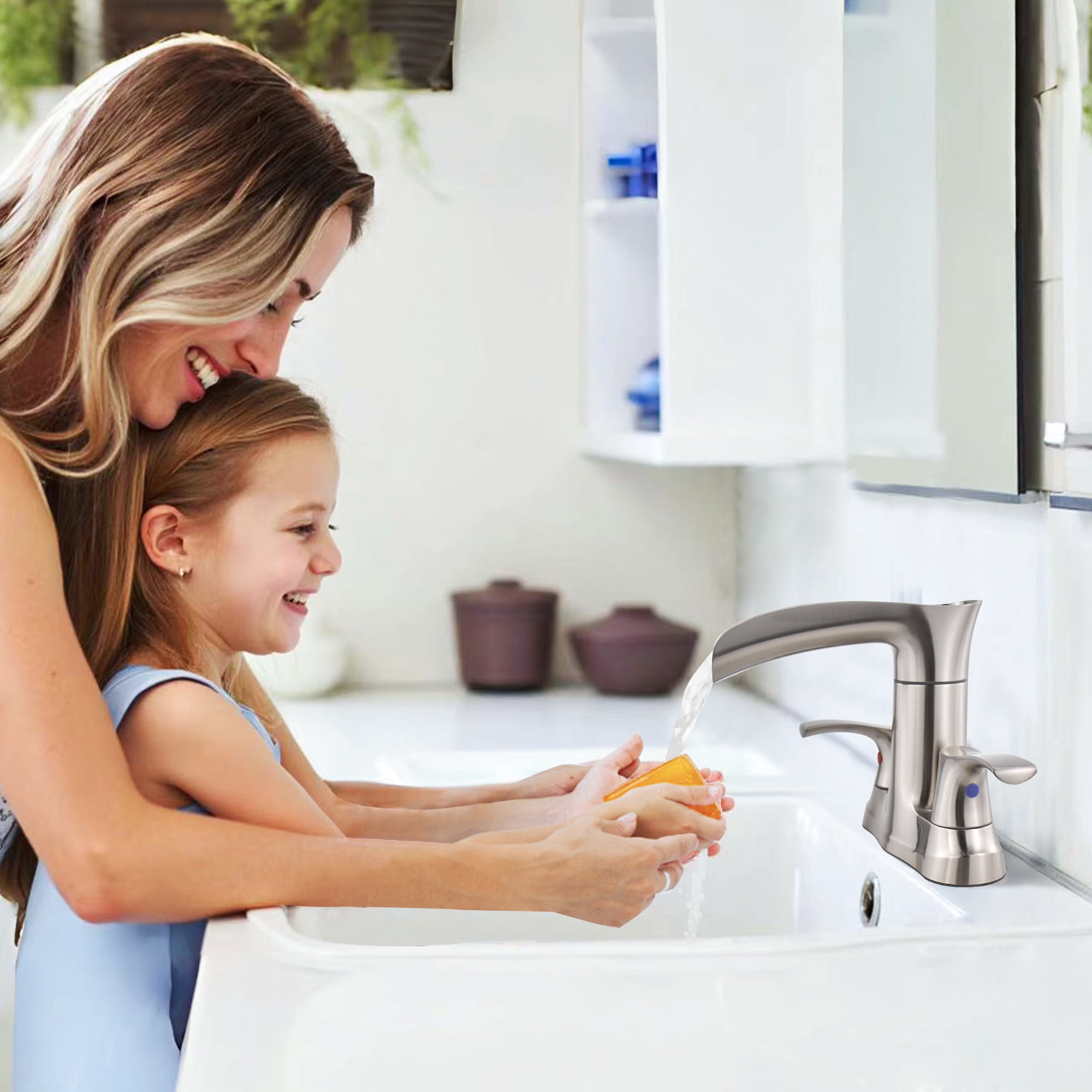 Sunrinx 4'' Centerset Bathroom Faucet 2-Handle Waterfall Faucet with 360° Swivel Spout, Brushed Nickel, Lead-Free Plastic, Pop-Up Drain