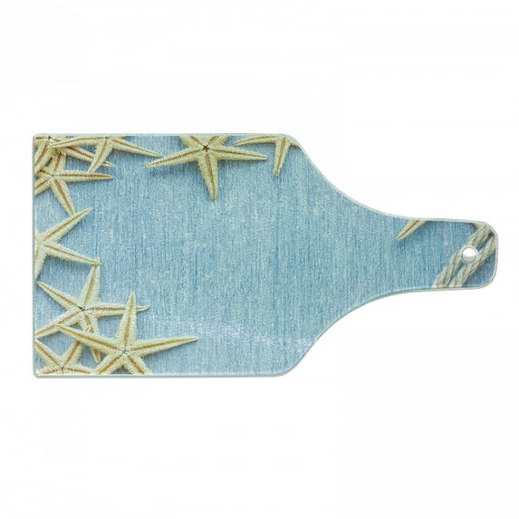 Seashells Cutting Board, Seashells Rope Maritime Beach Theme Shellfish Wooden Board Romance Vintage, Tempered Glass Cutting and Serving Board, Wine Bottle Shape, Pale Blue Ivory, by Ambesonne