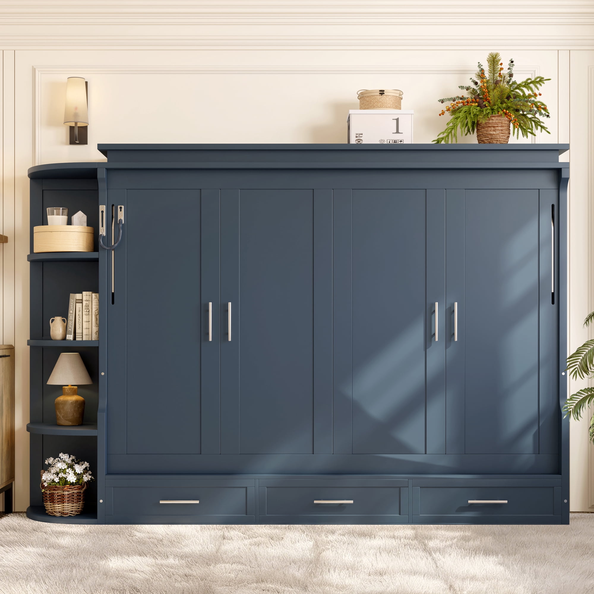 Mintazer Full Murphy Bed with Side Cabinets & 3 Drawers, Wall Foldable Bed with Storage for Bedroom Guest Room Home Office, Blue