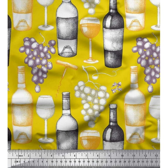 Soimoi Rayon Crepe Fabric Grapes,Wine Glass & Bottle Fabric Prints By Yard 46 Inch Wide