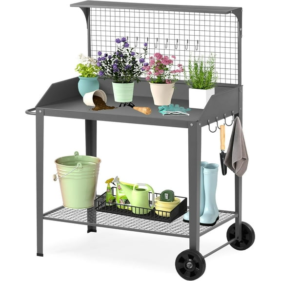 Outdoor Metal Potting Bench with Wheels, Heavy Duty Garden Workbench Table with Storage Shelf (Dark Gray, 52.8"x36.6")