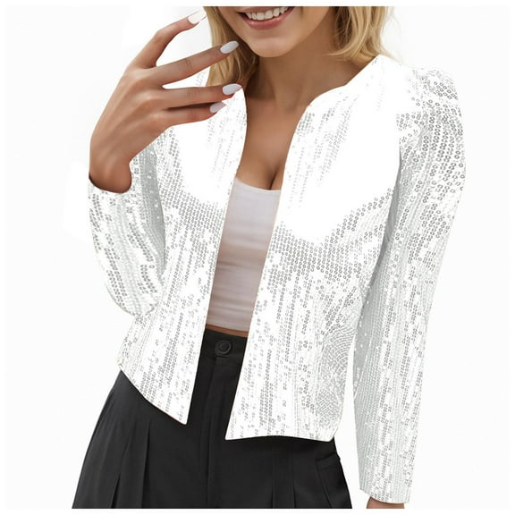 felwors Women's Sequin Open Front Cropped Jacket - Sparkly Party Blazer Long Sleeve Glam Outerwear White, S