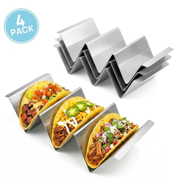 TICKJOY Taco Holders Set Of 4 - Stainless Steel Taco Stand Rack Tray Style, Each Metal Taco Stand for 3 Tacos, Oven Safe for Baking, Dishwasher and Grill Safe.