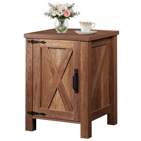 GALAXHERO Nightstand with Charging Station, Farmhouse Narrow Side Table with Barn Door, Wooden Bedside Table for Bedroom, End Tables for Living Room, Rustic Brown