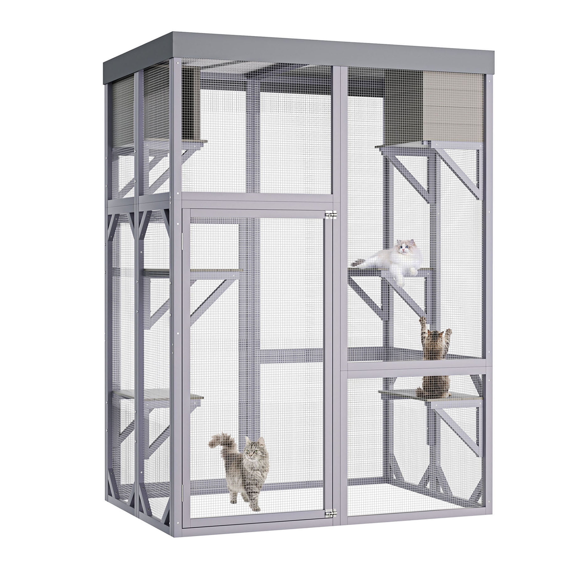 S-HOME 4 Platform Outdoor Cat Enclosure in Gray Crafted from Solid Wood with Galvanized Mesh Featuring for Indoor and Outdoor Use