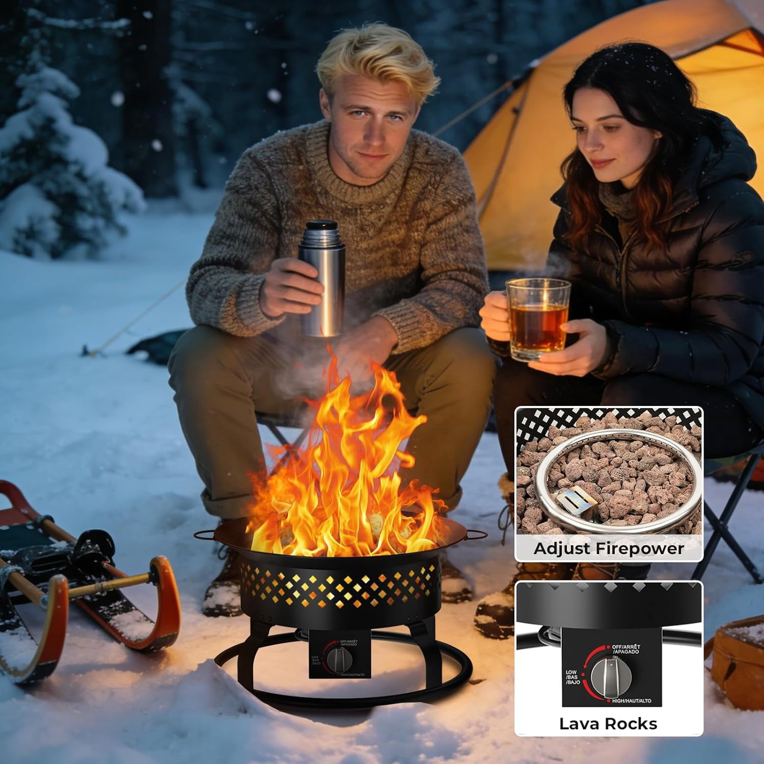 WAA 19" Portable Propane Fire Pit 50000 BTU Smokeless Carry Bag Lava Rocks for Camping RV