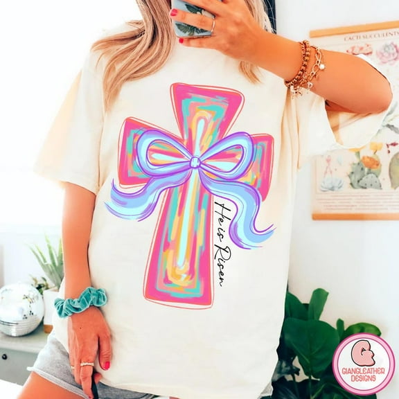 He Is Risen Easter T-Shirt, Cross Coquette Bow Brushstroke Tee, Pink Bunny Girls Easter Shirt, Preppy Christian Spring Shirt
