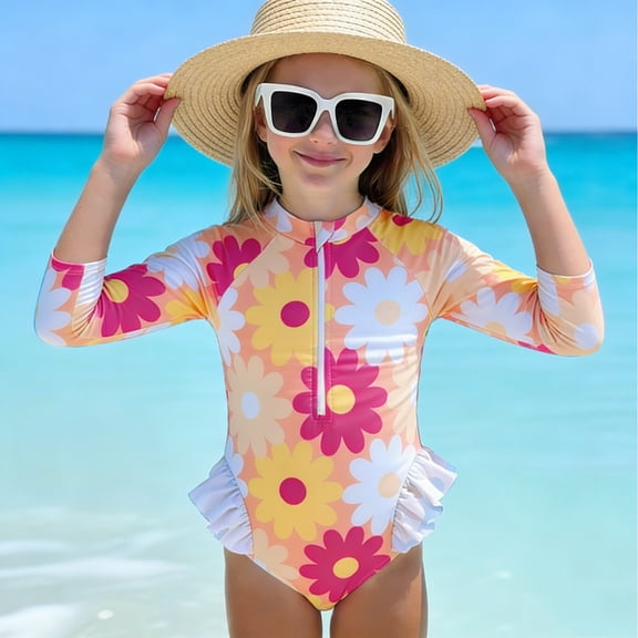 ATOGUTA Kids Swimsuits Girls Kids Zipper Rashguard Swimwear One Piece Sun Protection Rash Guard Bathing Suit Size 0-6, Yellow