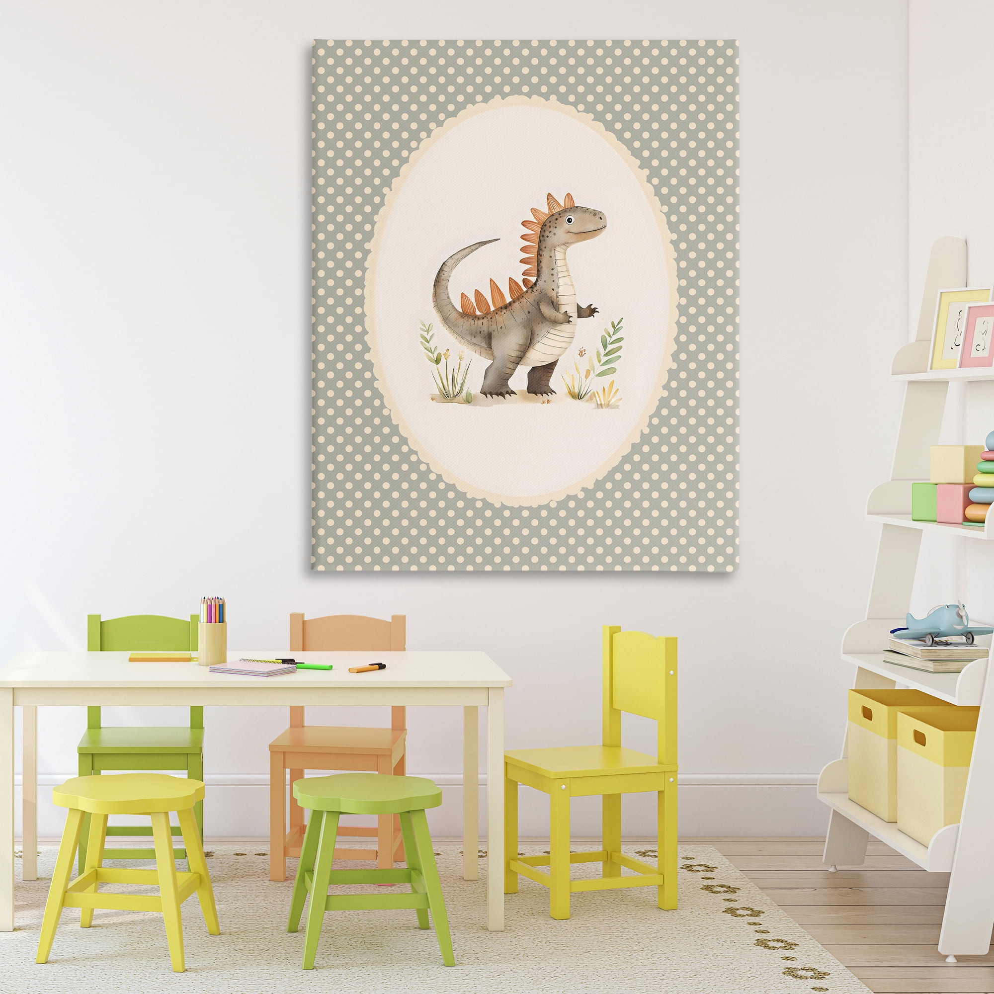 Stupell Industries Watercolor Dinosaur Polka Dot Border Canvas Wall Art, design by LSR Design Studio
