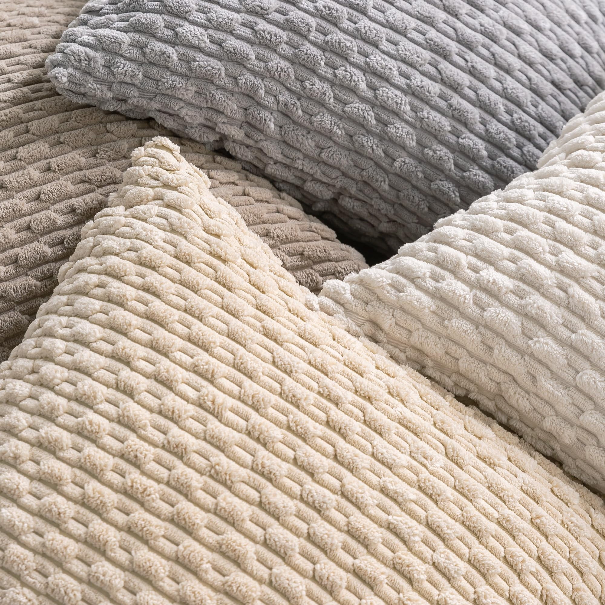 HAPPINESS 4 Pack Decorative Throw Pillow Covers, 18x18 Inch Soft Plush Striped Corduroy Couch Pillow Covers, Beige Brown Coffee
