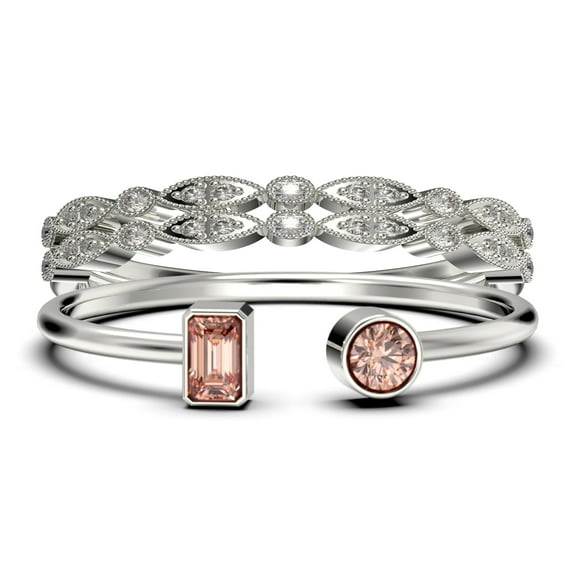 Minimalist Open Band Ring 1.80 Carat Round Cut Morganite And Diamond Moissanite Engagement Ring, Unique Style Ring in 925 Sterling Silver With 18k White Gold Plating, Trio Set, Matching Band