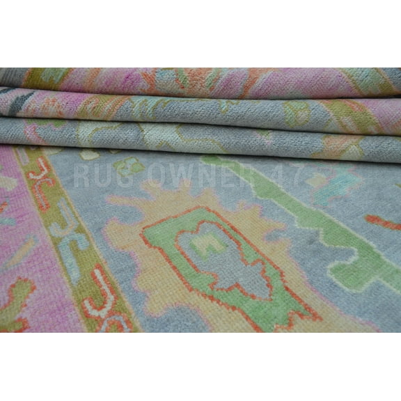 Handmade Colourful Oushak Rug 9X12 Grey, Pink, Gold, M Blue, Green, Hand-Knotted Wool Area Rug