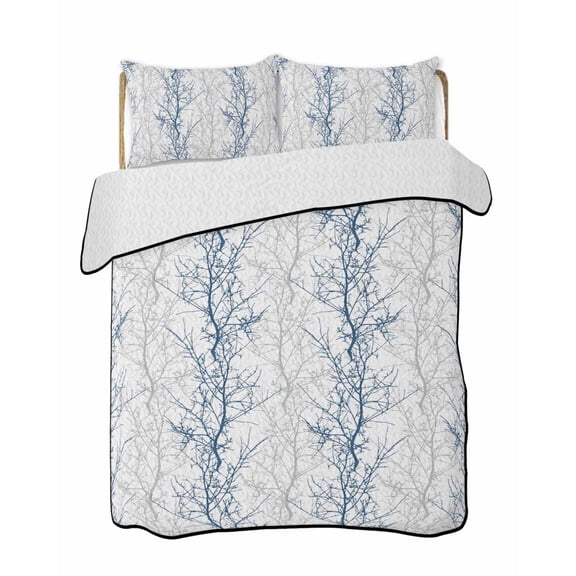 Navy Blue Grey Branch Summer Quilt Set King Size,Soft Quilted Bedding Set with 2 Pillow Shams,Spring Summer Pastoral Botanical Lightweight All Season Bedspread Coverlet for Bedroom 96"x106"
