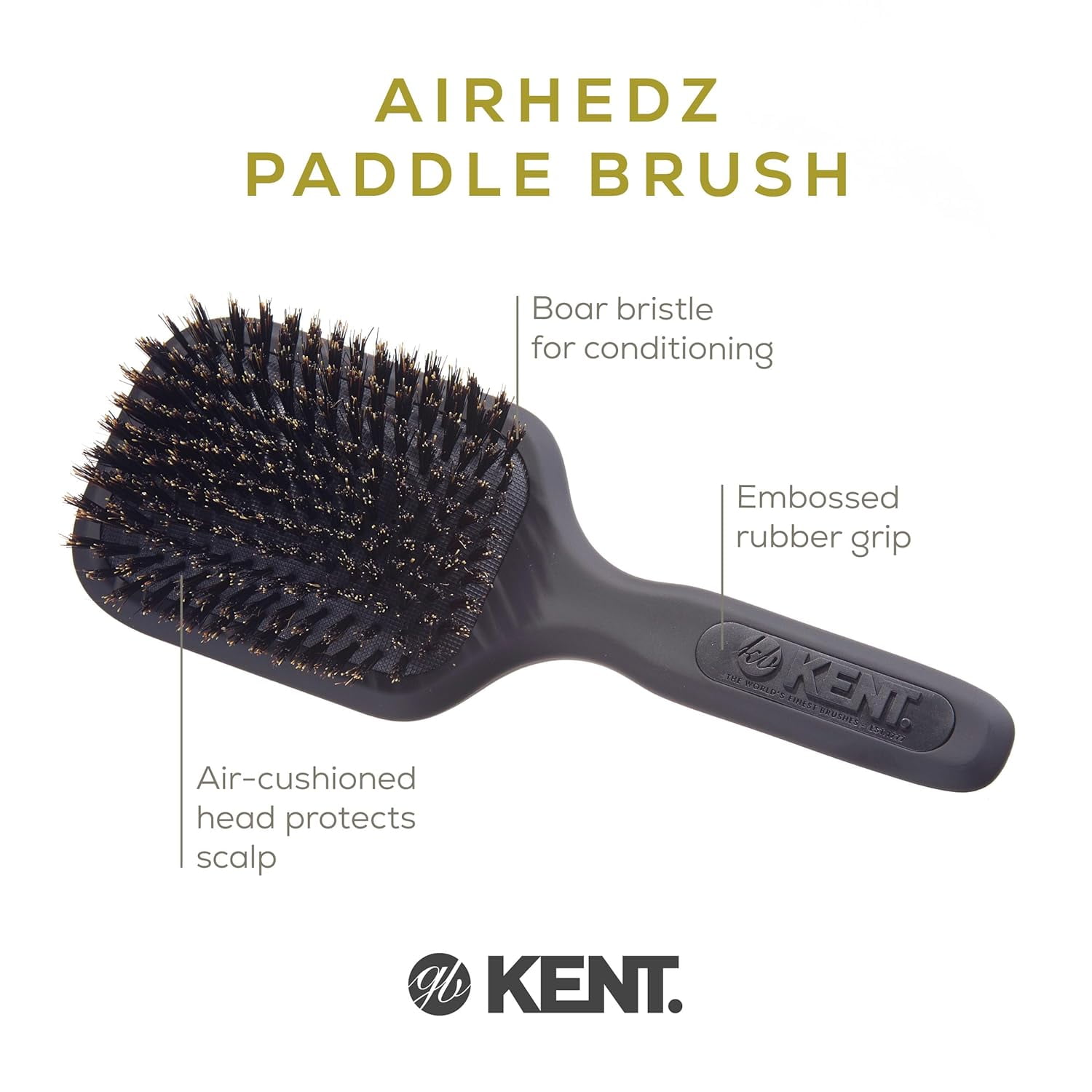 Kent AH13G Airhedz Pro Pure Bristle Paddle Brush (Medium, Grey)
