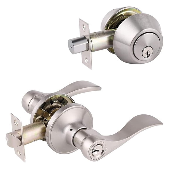 Keyed Alike Entry Door Lock Set Handle and Double Cylinder Deadbolt Combo Door Handleset, Finished