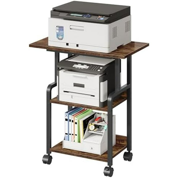23.6-in Printer Stand with Storage, 3-Tier Printer Table for Home Office, Printer Cart Under Desk Storage, Suitable for Study, Kitchen, Living Room, Rustic Brown and Black TPS02BF$$Office